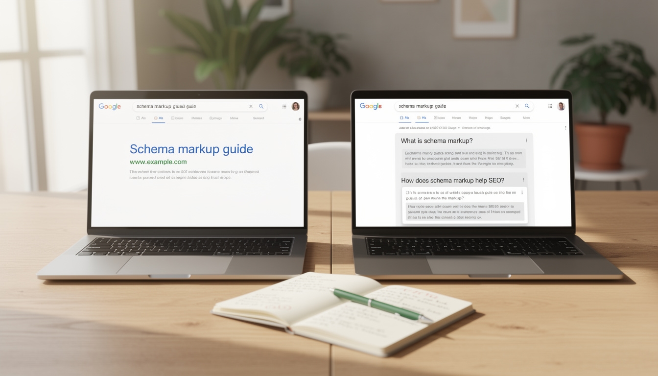 Guía de markup FAQ mostrando resultado antes y después en Google