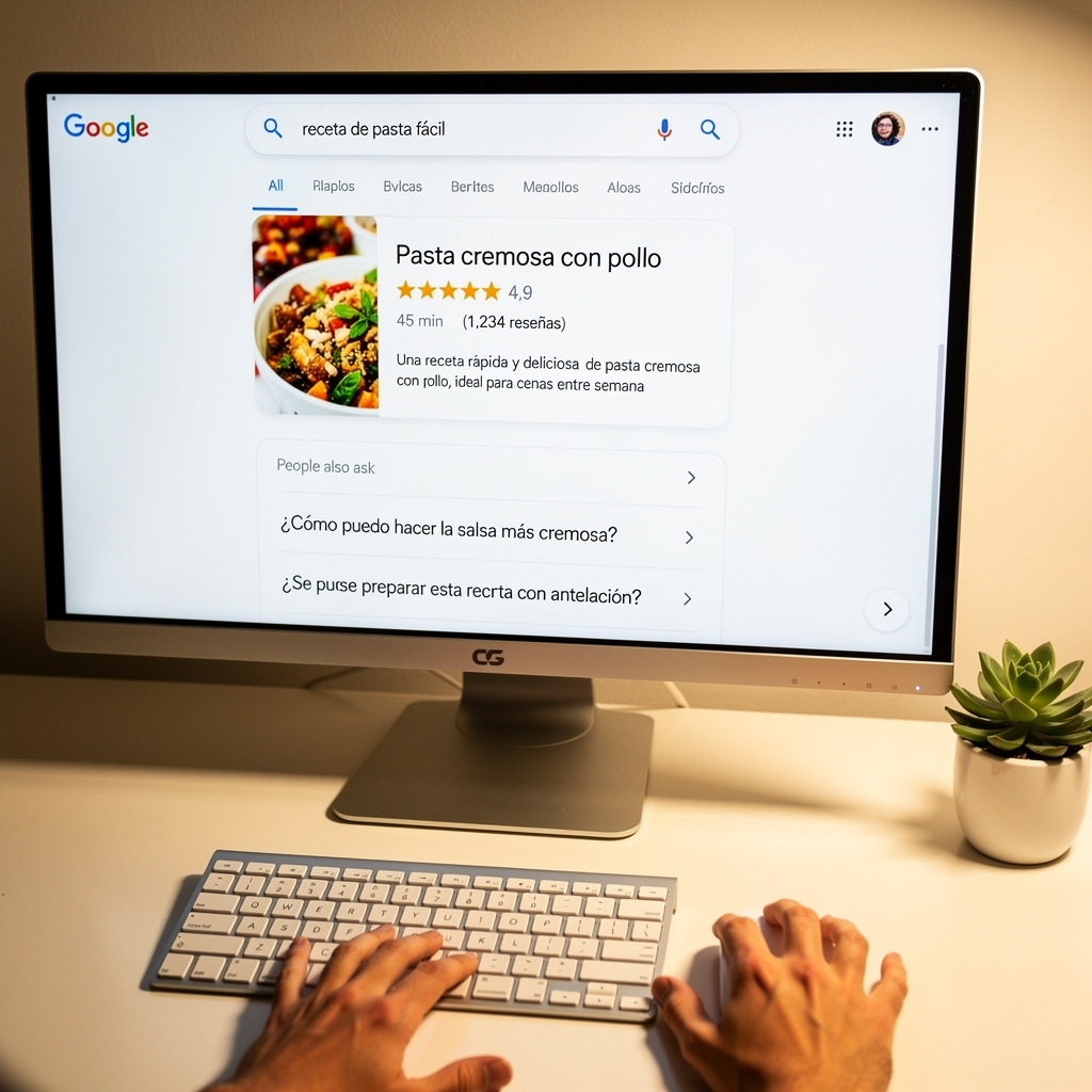 Ejemplo de resultados enriquecidos en Google con estrellas y FAQ desplegable
