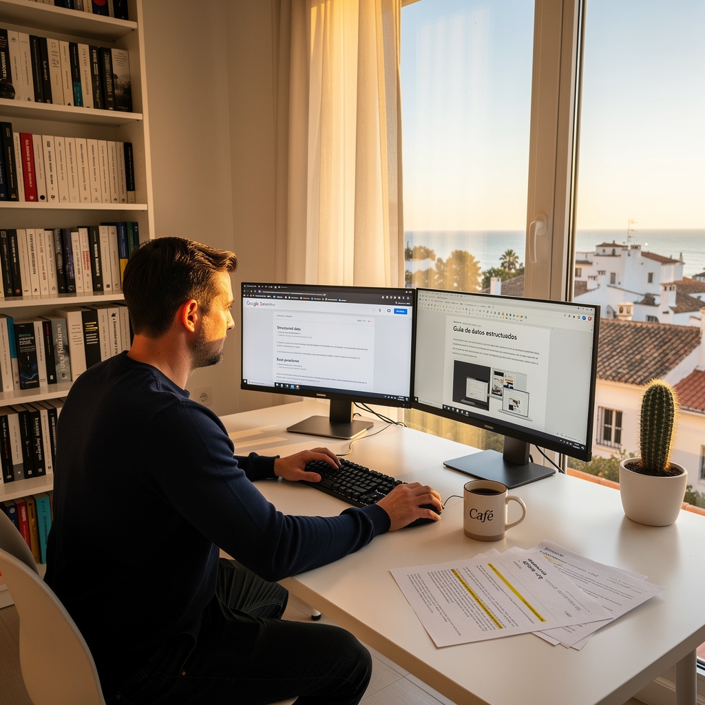 Persona investigando y escribiendo guías sobre SEO y datos estructurados en un espacio de trabajo moderno